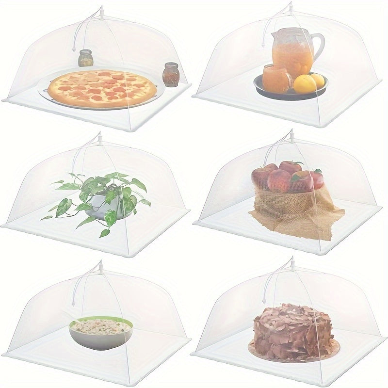 White portable mesh food cover for picnics and travel, protecting food from insects and dust.