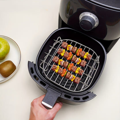 Round stainless steel rack and skewer set for air fryers, compatible with most models and dishwasher safe. Ideal for roasting and grilling.