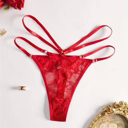 Stylish red lace thong with straps for women.