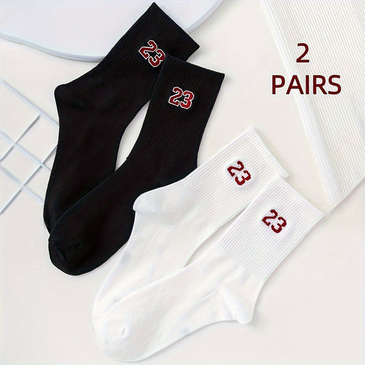 2 pairs of men's short crew socks with a 23 pattern design, breathable and comfortable for casual wear, sports, and outdoor activities.