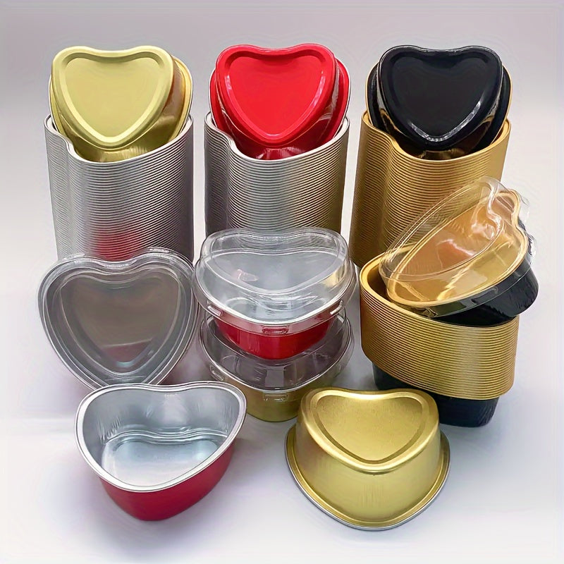 50 heart-shaped aluminum foil cake cups with lids, perfect for Valentine's Day, weddings, Mother's Day, birthdays, and Christmas.