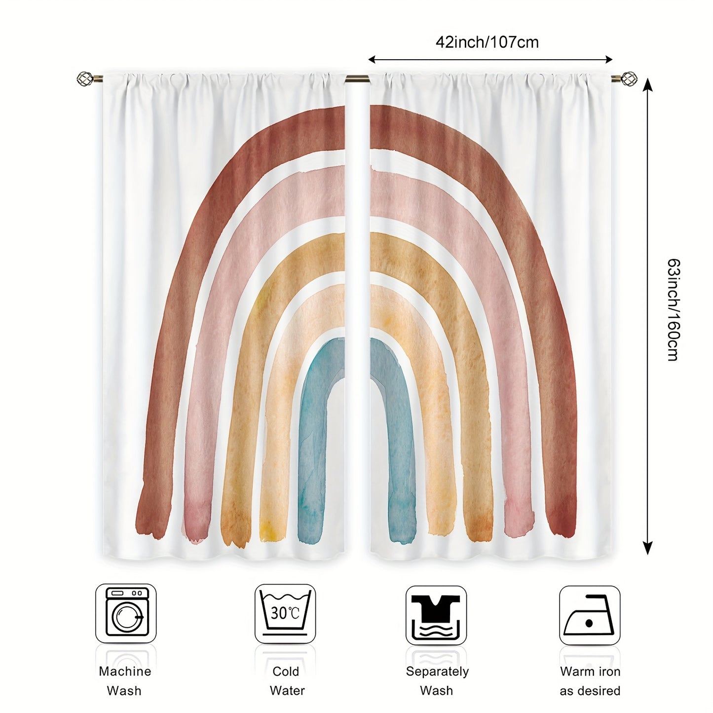 Polyester curtain with Bohemian Rainbow Cartoon design, 214cm x 160cm, 2 pieces.