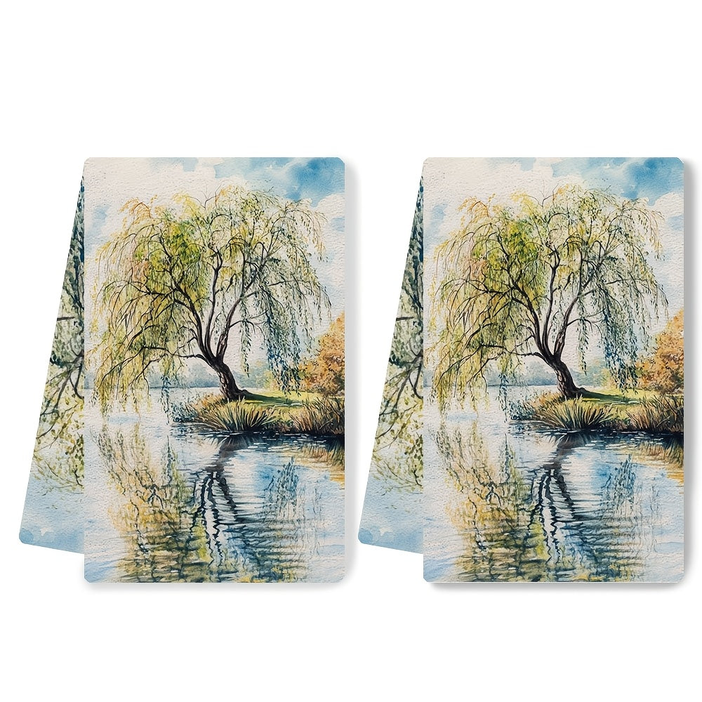 Set of 2 Ultra Soft Kitchen Towels featuring the "Willow by a Tranquil Lake" Design, Exceptionally Absorbent & Easy to Wash Dish Hand Towels, Modern Coastal Decor, 40.64x60.96 cm, Perfect for Holiday Season Decor, Decorative yet Durable Kitchen Textile