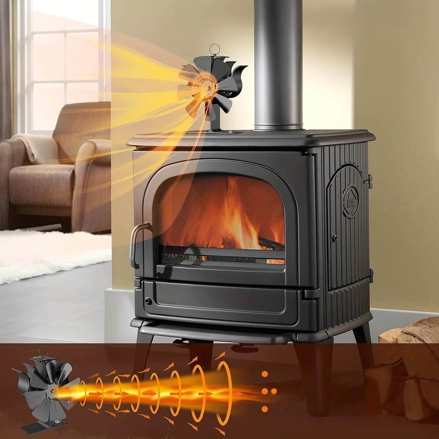 Enhance Heat Distribution with our High-Efficiency 8-Blade Fireplace Fan featuring a Built-In Thermometer. Ideal for Wood Stoves & Log Burners, this Black Fan is Perfect for Fall & Winter Home Comfort. Includes Thermometer Base.