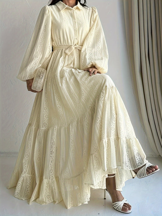 Women's Middle Eastern Muslim lace collar long robe dress in solid color, made of 95% woven polyester and 5% spandex with button detail, suitable for all seasons.