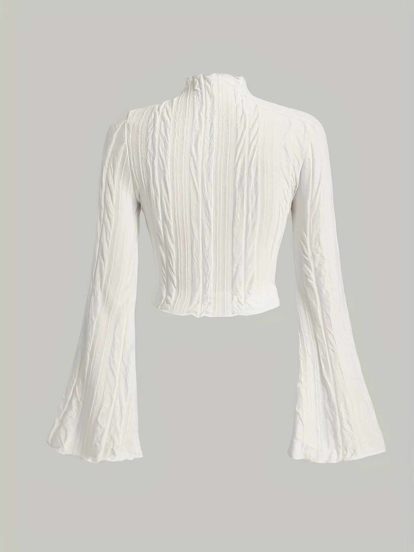 Textured cropped top with flared sleeves and lettuce trim mock neck, ideal for spring and fall.