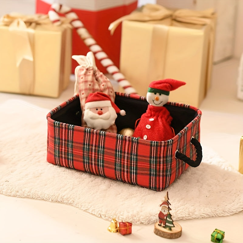 Christmas Storage Basket with Handles in a Festive Plaid Design - Ideal for Storing Holiday Decorations and Gifts