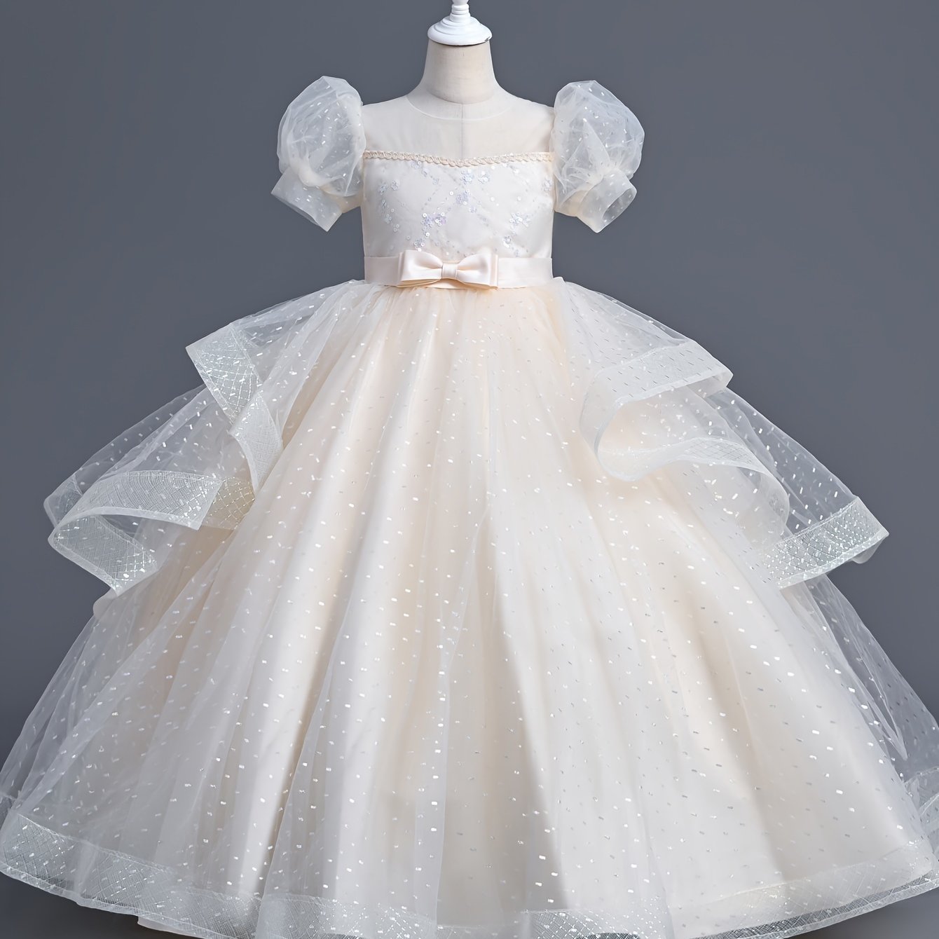 Polyester ball gown dress for girls, featuring a solid color tent silhouette with contrast mesh, crew neck, lantern short sleeves, non-stretch fabric, includes belt. Perfect for all-season