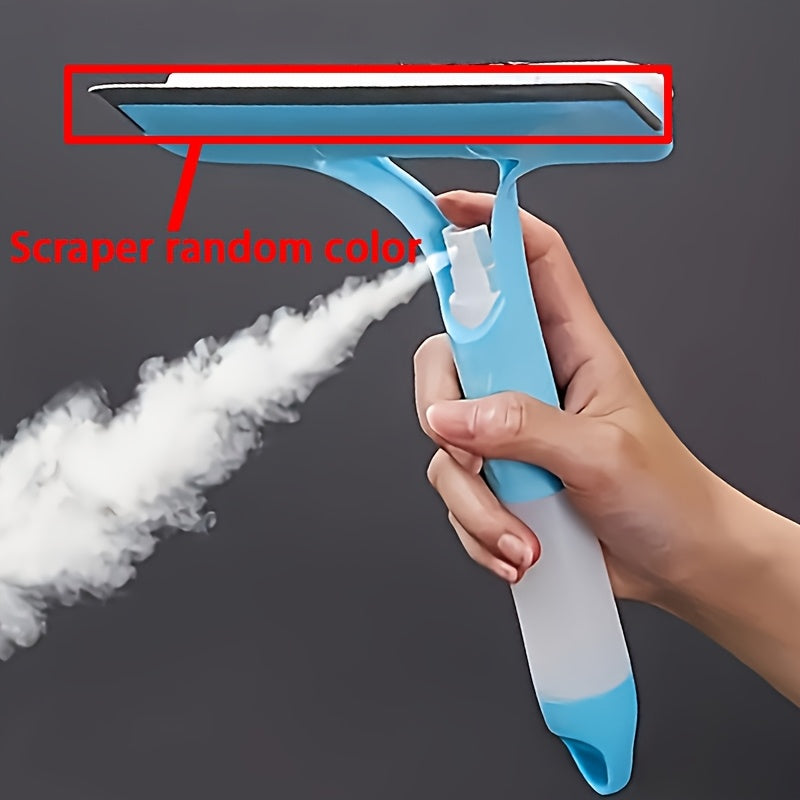 Multi-functional cleaning tool with spray bottle and double-sided glass scraper for various surfaces.