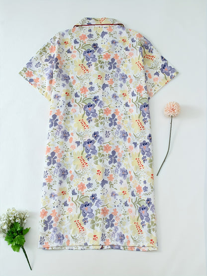 Women's floral print nightgown with lapel collar, button placket, slight stretch, made of 95% polyester and 5% elastane. Lightweight summer sleep dress for adults.