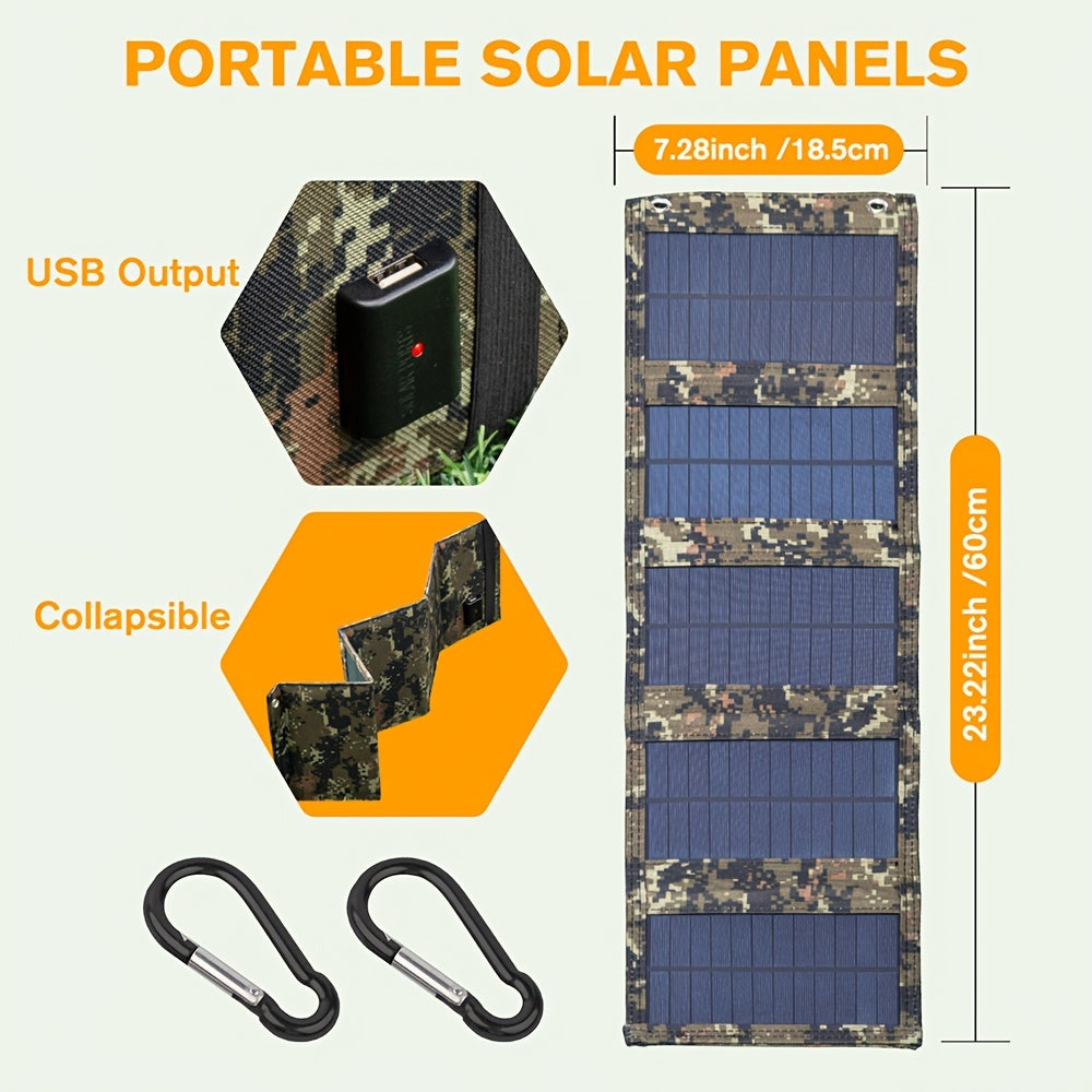 Portable foldable solar charger panel with high-efficiency monocrystalline silicon and USB charging for phones and fans. Ideal for outdoor camping and travel, with no battery and