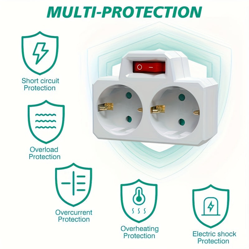 2 European standard outlet adapters with on/off switch, compact design, surge protection, 250V/16A - perfect for travel, home, office, and outdoor use.