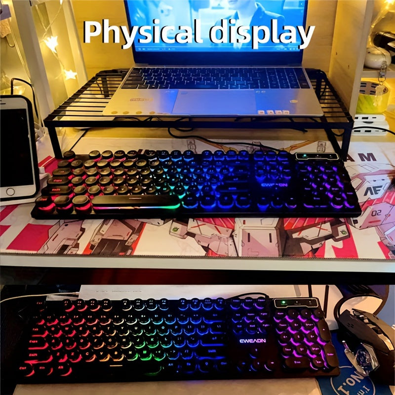 EWEADN GX330 Wired Gaming Keyboard with Retro Punk Style, RGB LED Backlit, Ergonomic Design, 104 Keys, USB Powered, Ideal for Gaming & Office Use.