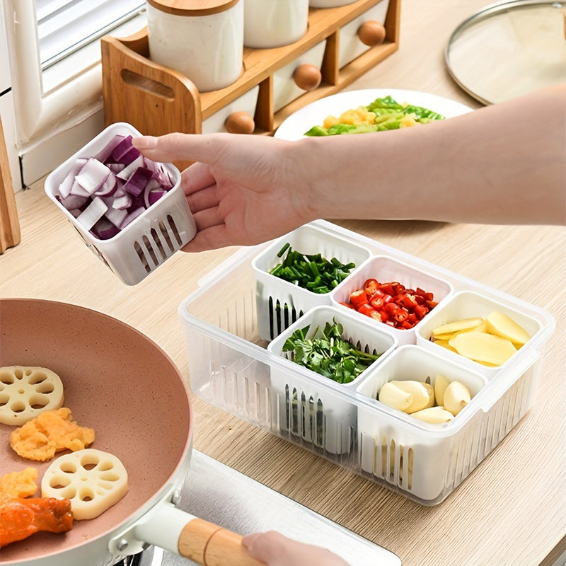 This kitchen storage box is a versatile 6-in-1 solution for keeping onions, ginger, and garlic fresh, as well as serving as a refrigerator fresh-keeping box and a fruit food draining box.