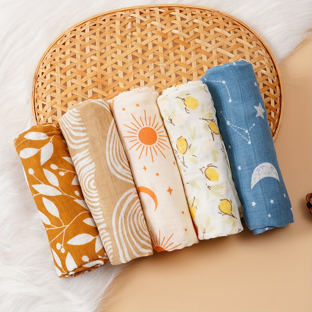 Elinfant offers a set of 5 soft muslin children's bibs in an orange rainbow moon print. The set also includes 59.94cm square burp cloths for children.