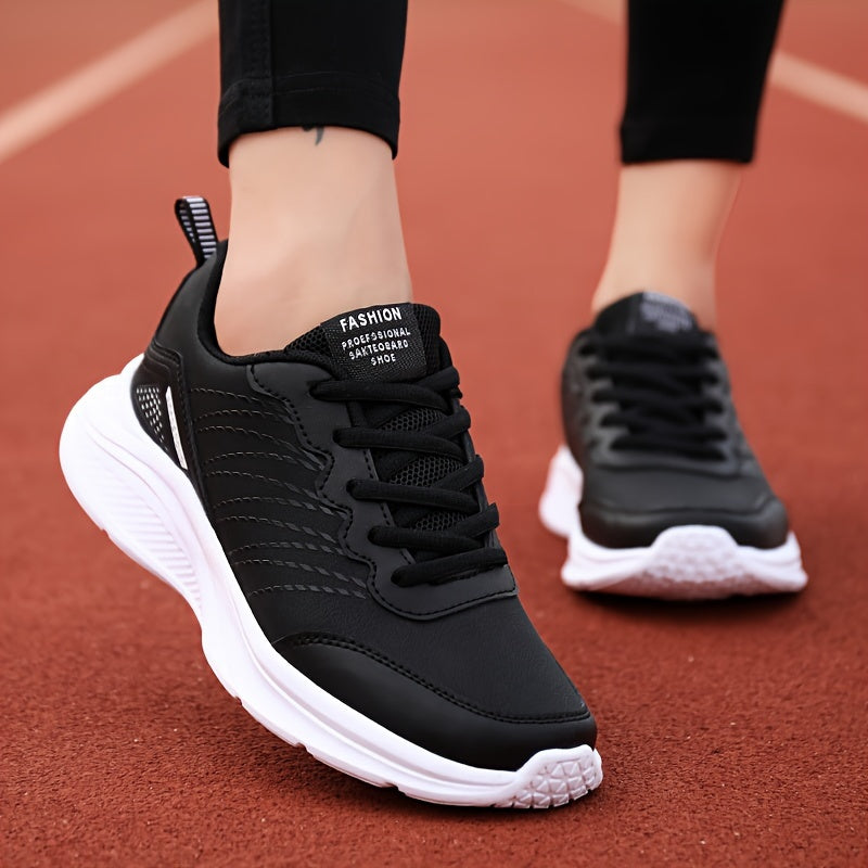 Women's water-resistant fashion sports sneakers with solid color, low top design, lace-up closure, EVA sole, superfine fiber insole, and all-season PU upper for comfort.