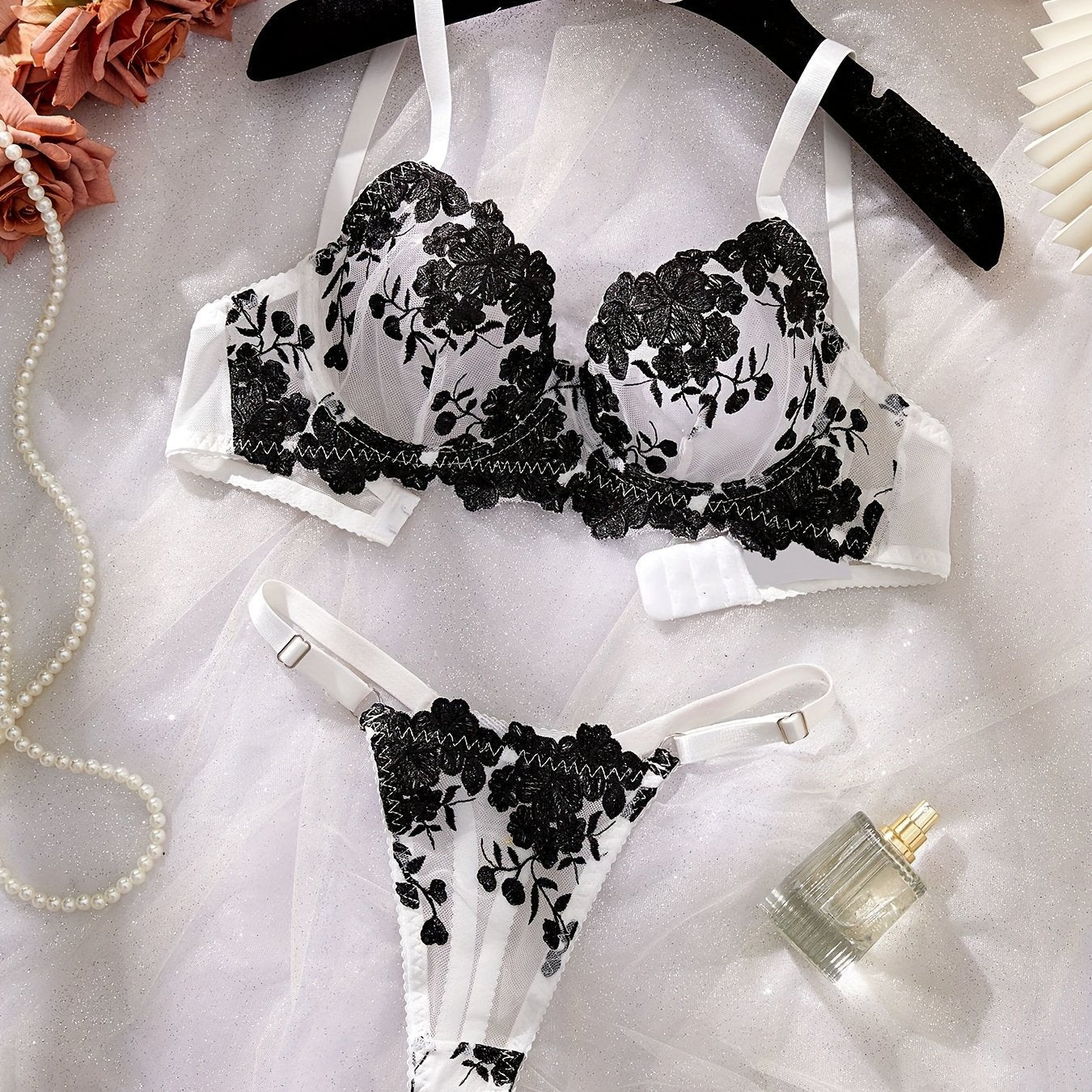 Embroidered lingerie set with thin shoulder straps, Intimates bra and panty, women's sexy clothing