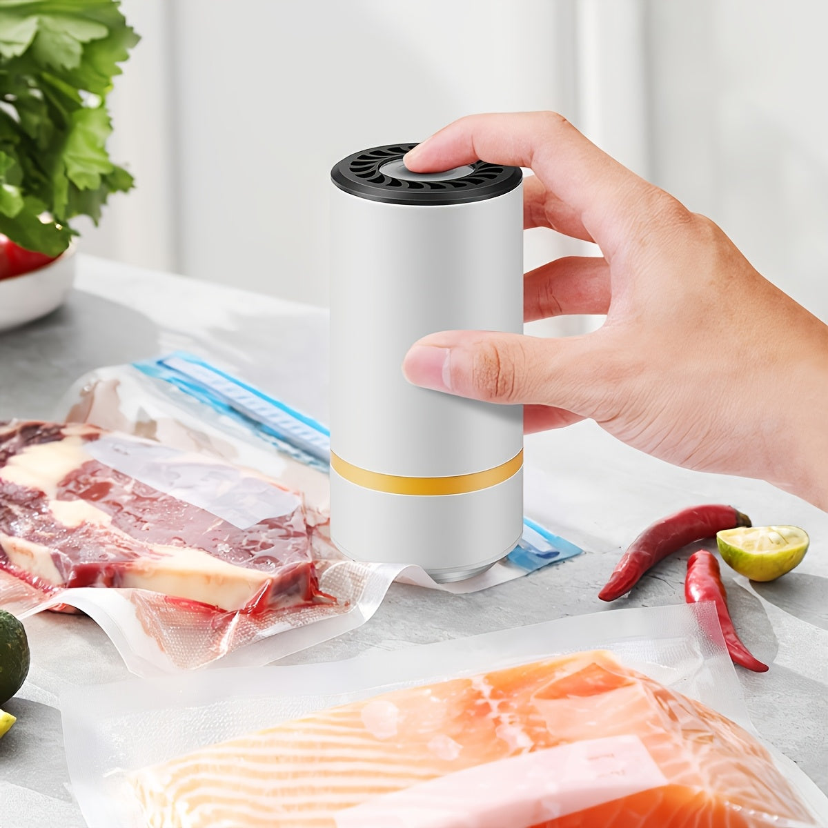 The HOTU Portable 3-in-1 USB Rechargeable Vacuum Sealer is a handheld device that preserves fruits and vegetables, keeping them moisture-proof. Powered by a lithium battery, it is perfect for on-the-go food preservation.