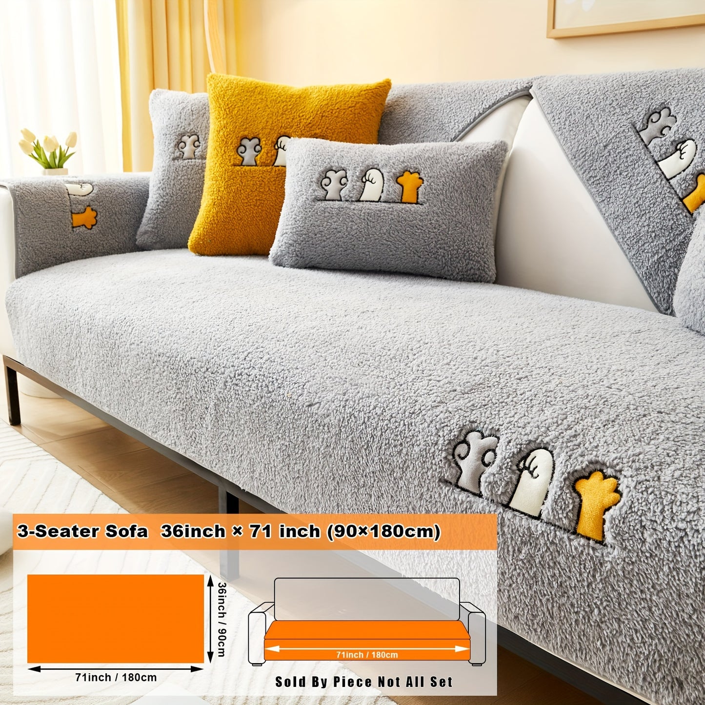 Modern plush sofa cover with paw pattern embroidery, non-slip protection for sofas, machine washable and suitable for various types of furniture.