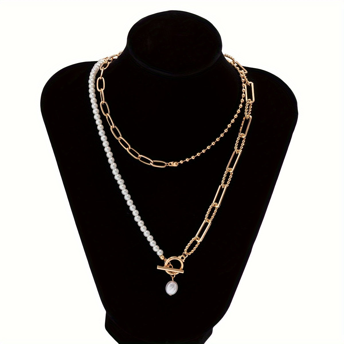 Retro Style Long Beaded Chain Necklace with Faux Pearl Accents and OT Buckle