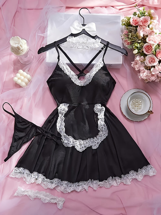 Seductive four-piece set with maid uniform, lingerie, leg rings, necklace, and underwear.