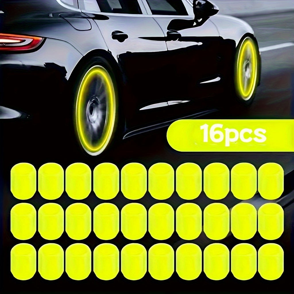 16pcs Luminous Tire Valve Stem Caps for bikes, motorcycles, and cars. Glow-in-the-dark wheel valve covers made of durable plastic. Dust-proof, leak-proof design.