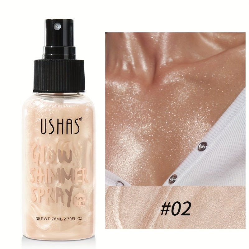 Glow Shimmer Spray: Waterproof liquid highlighter for face and body, provides long-lasting radiance. Easy application with spray nozzle, perfect for music festivals.