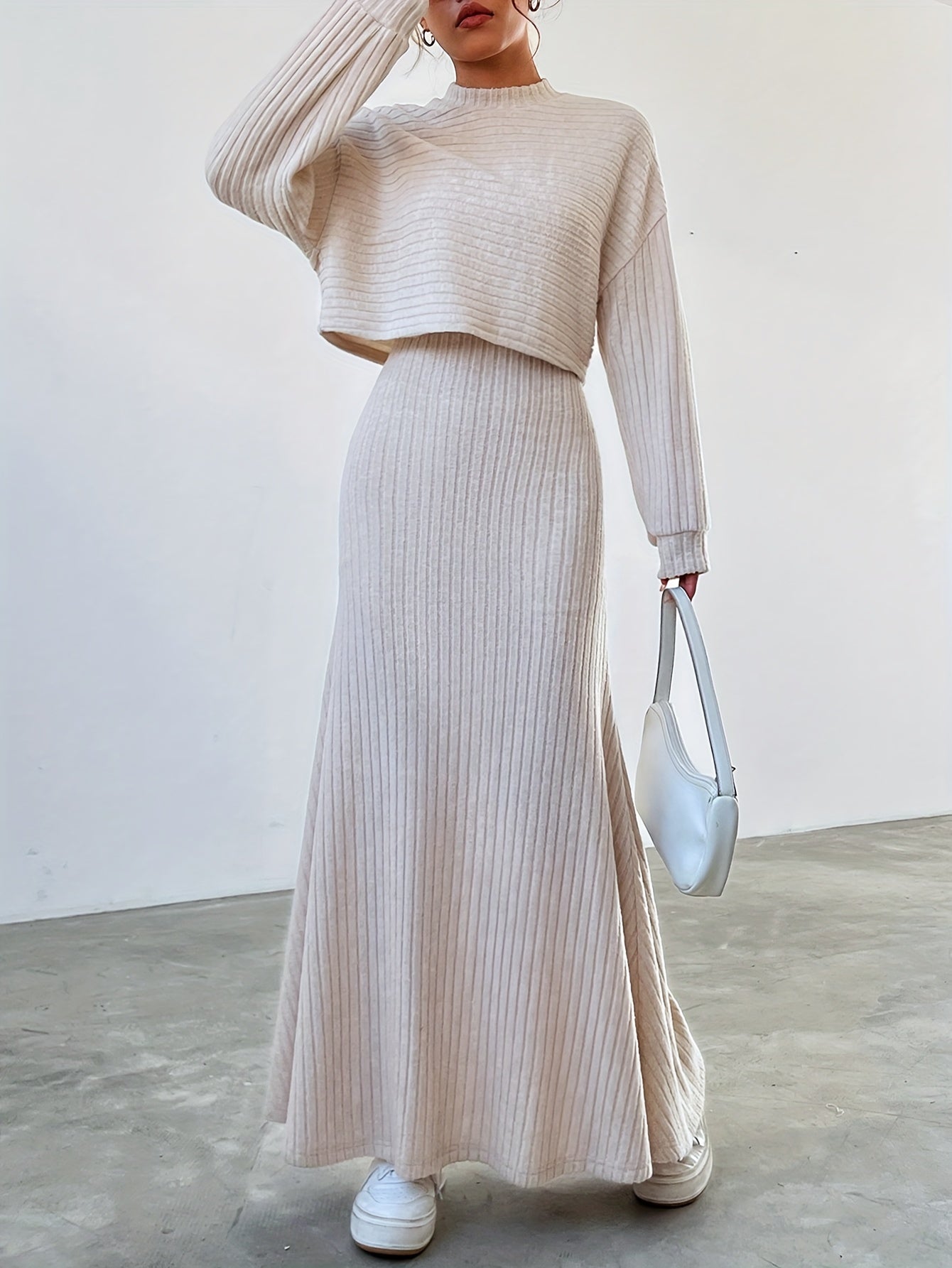 Solid color ribbed dress set with long sleeve cover up top and sleeveless tank dress, women's clothing.