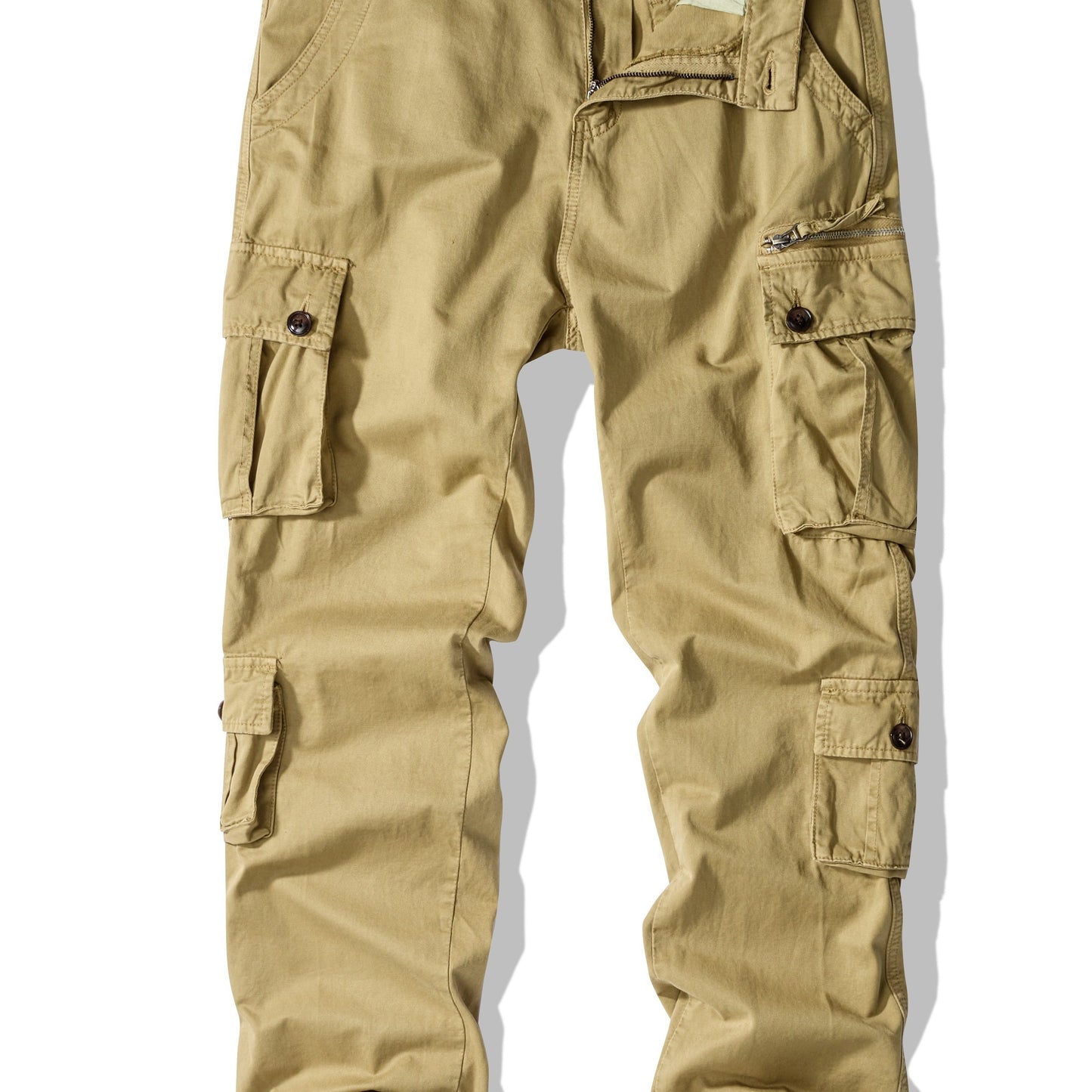 Men's plus size cargo pants in solid color, loose fit, made of washed cotton for all-season wear. Features 8 pockets and a street style design.