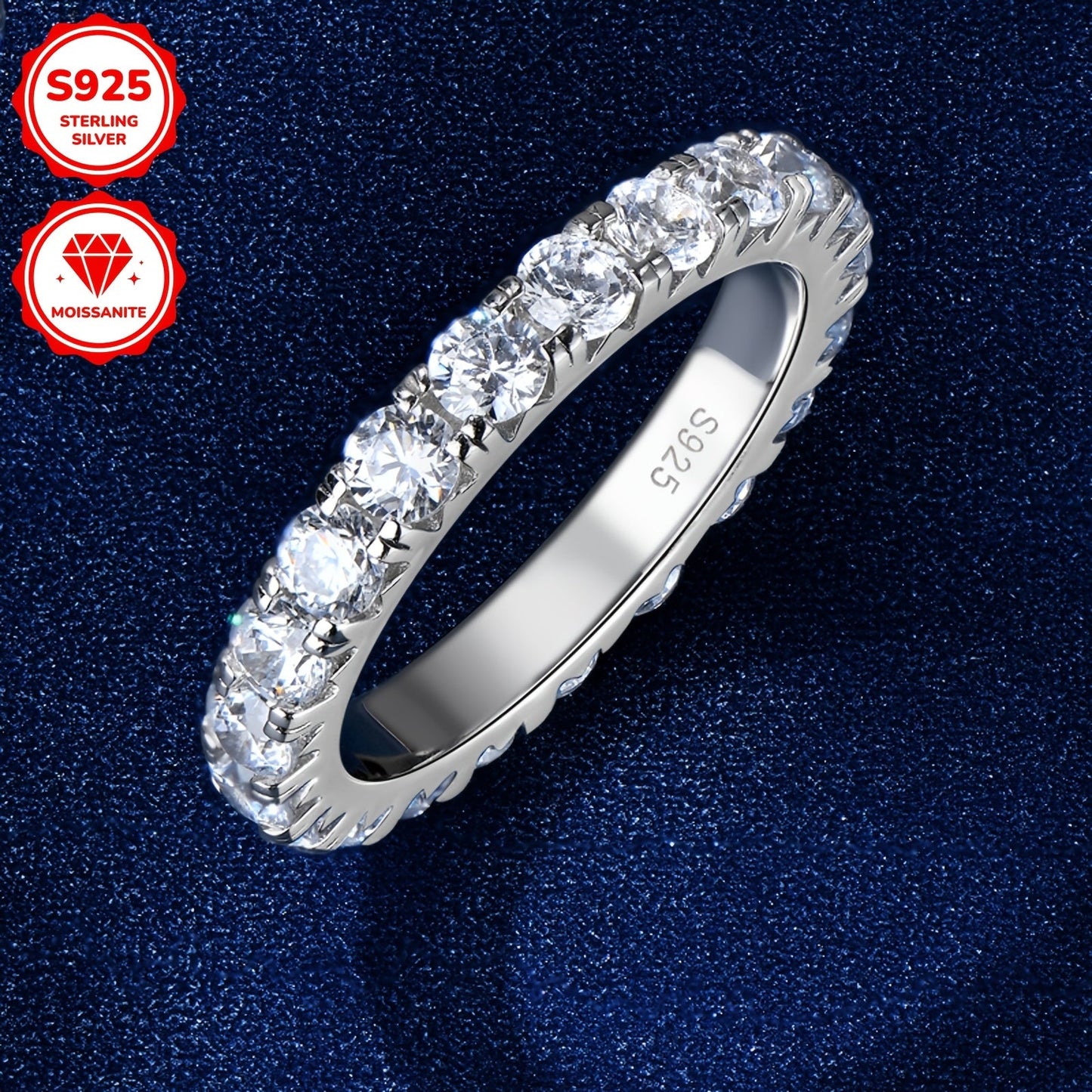 Timeless and sophisticated, this stunning 925 sterling silver ring features 22 synthetic Moissanite stones in a four-prong setting. The ring is elegantly finished with 18K gold plating, making it the perfect choice for a wedding, engagement, or Christmas