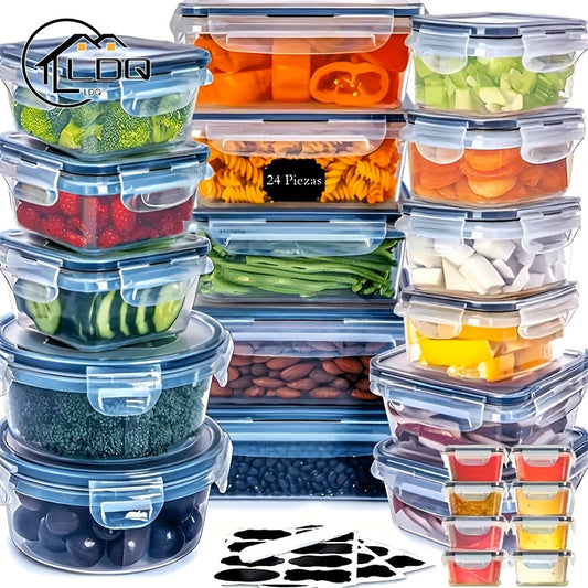 24-piece microwave safe kitchen storage container set with leakproof, shatterproof plastic containers, airtight lids, labels, marker pen, and transparent design - perfect for