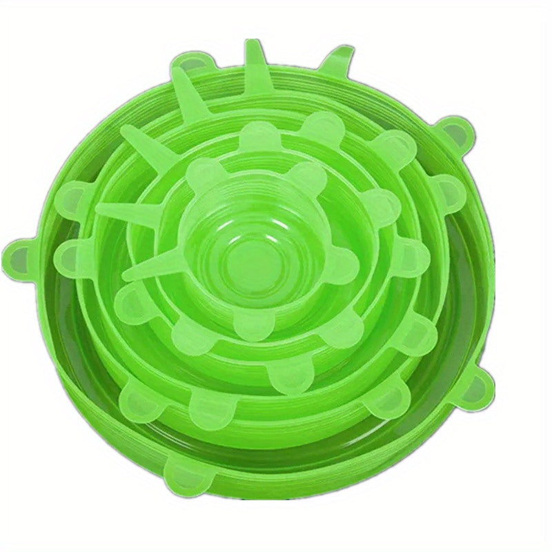 A set of 6 Silicone Stretch Lids for food bowls, reusable food covers for saving leftovers, versatile covers for fruits and vegetables, sealed storage for preserving freshness, ideal for storing fruits and veggies, a reusable kitchen essential.