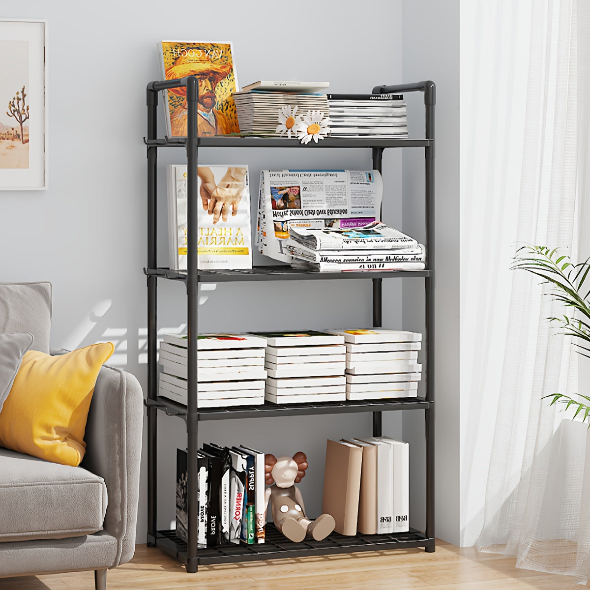 4-Tier Storage Rack Set with Versatile Uses - Simple Assembly, Constructed with Galvanized Metal & Plastic, Compact and Portable for Organizing Kitchen and Bathroom Items.