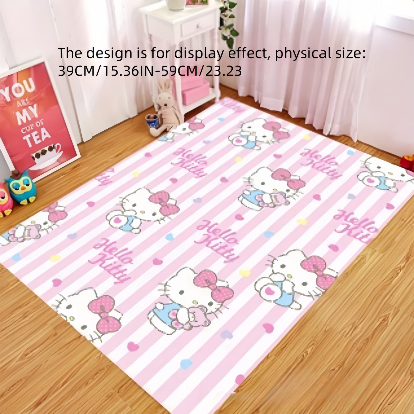 Soft and magical Sanrio Hello Kitty plush rug made of non-slip polyester, perfect for bedroom and living room decor. Hand wash recommended.