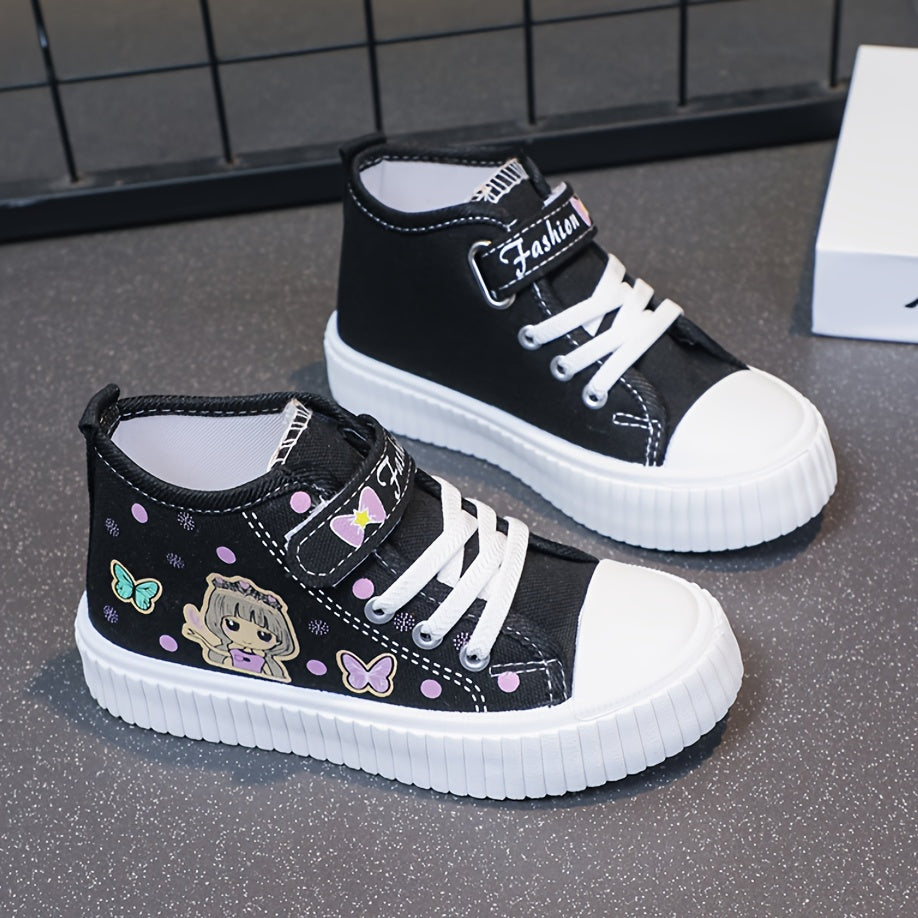 Cute high-top canvas shoes for girls featuring cartoon character, durable sole, and breathable design - perfect for everyday wear in spring and autumn.