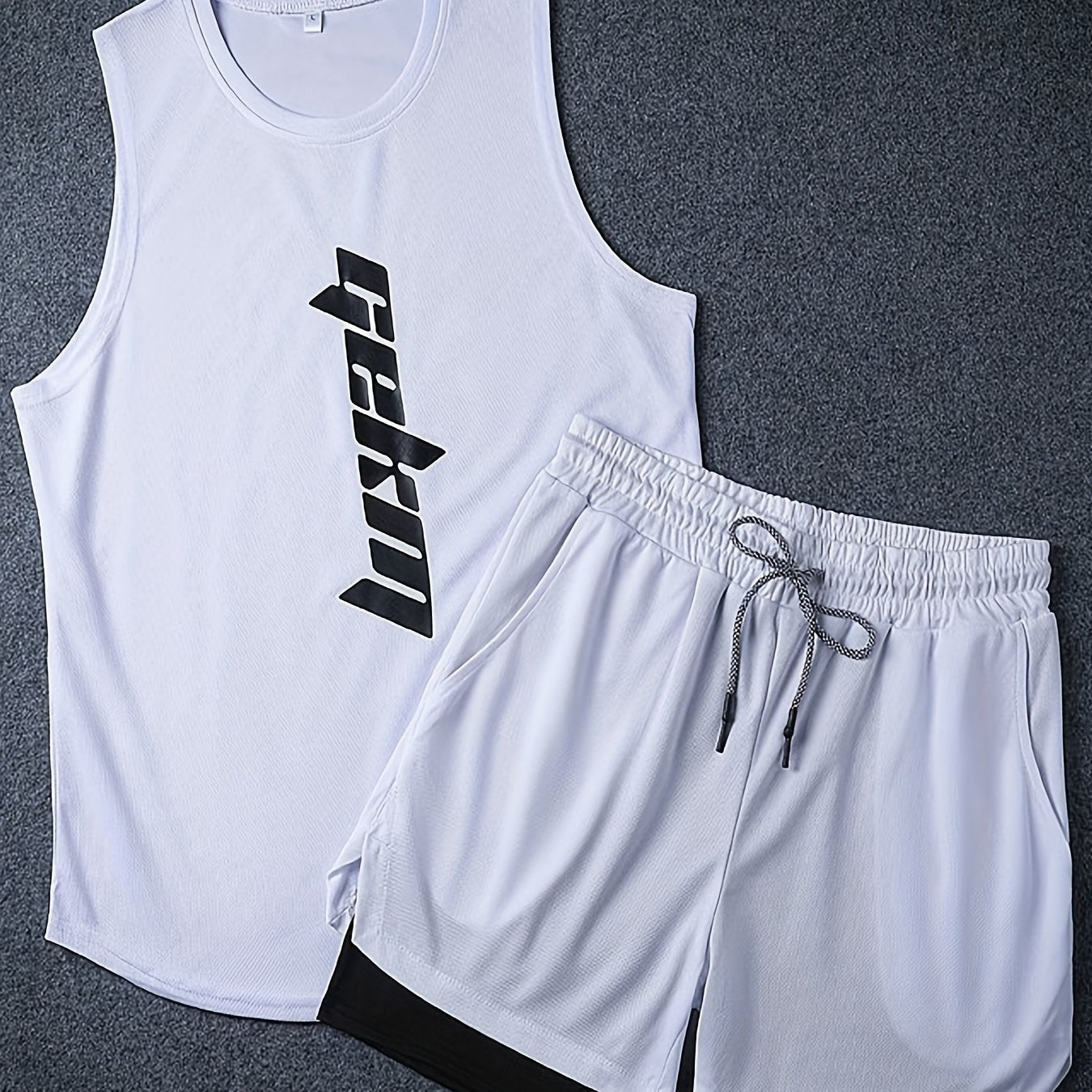 Men's 2-piece fashion set with letter print tank top and drawstring shorts.