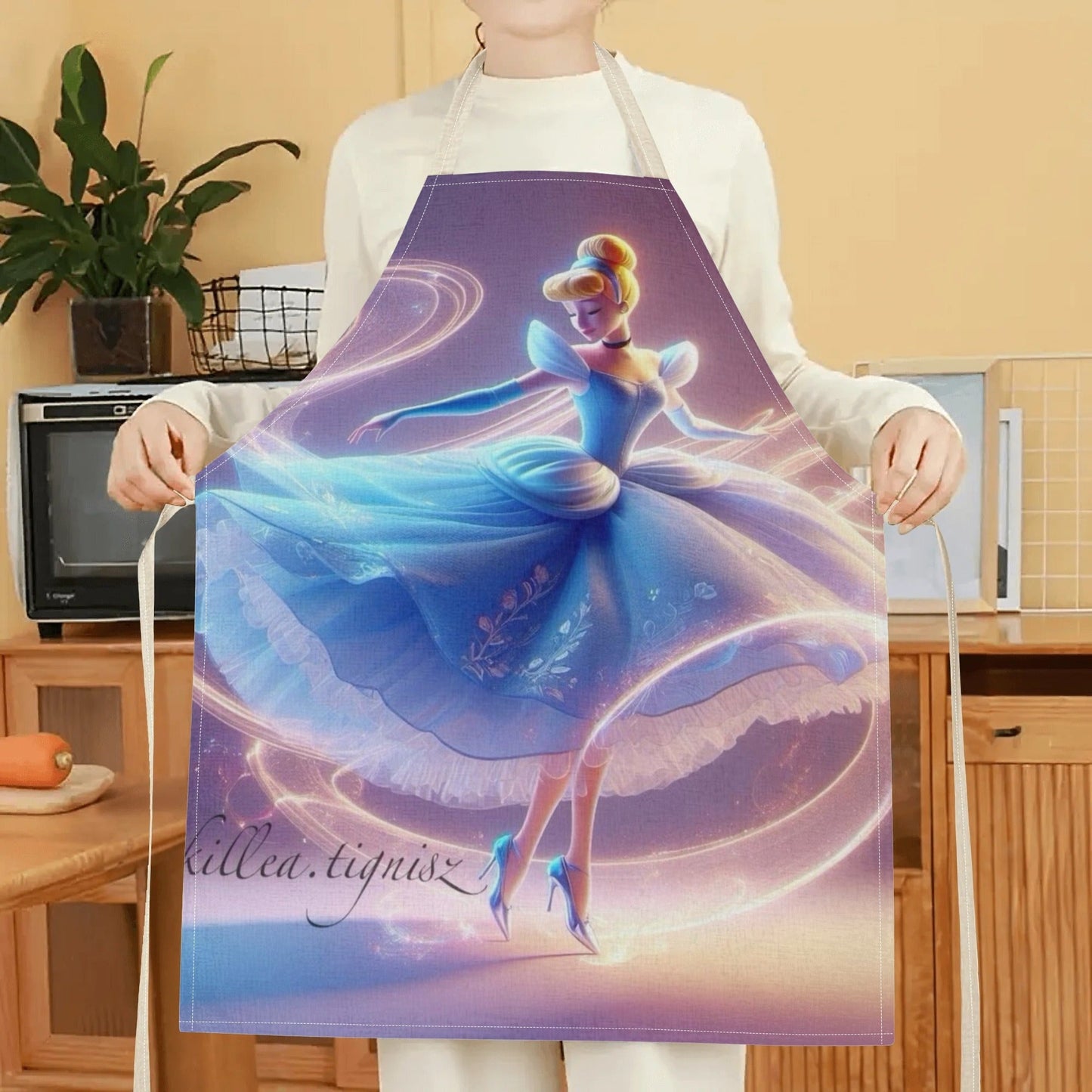 Waterproof apron featuring Disney's Cinderella cartoon character in a vibrant blue dress with a floral design. Made of durable polyester, perfect for use in hotels, supermarkets, restaurants, fruit shops, milk tea stands, and at home.