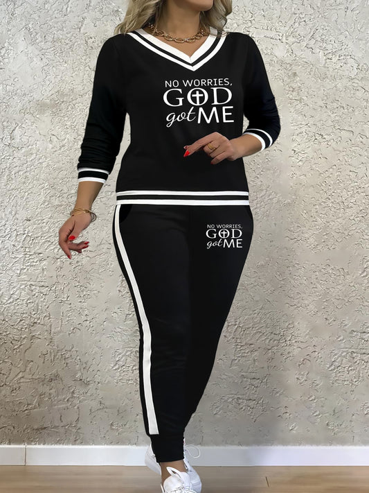 Women's plus size 2-piece set featuring a casual V-neck top with long sleeves, elastic waist, and pockets, paired with matching sweatpants in polyester knit fabric with letter print design.