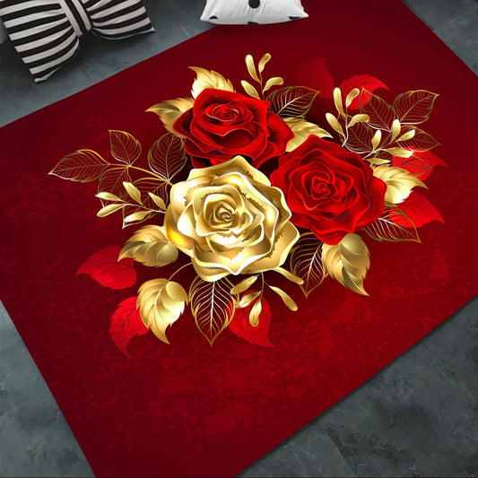 Elegant Golden and Red Rose Pattern Area Rug - Soft, Non-Slip, Absorbent, Machine Washable Polyester Rug for Living Room, Bedroom, Dining Room, Bathroom - Versatile Decor Mat for Indoor or Outdoor Use with Nonslip Backing and Floral Design