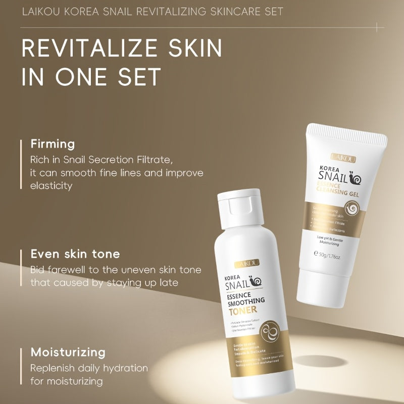 Korean Snail Revitalizing Skincare Set includes 5pcs & 10pcs; unisex adult skincare set with essence, serum, cleansing gel, and cream. Formaldehyde-free with glycerin for all skin types