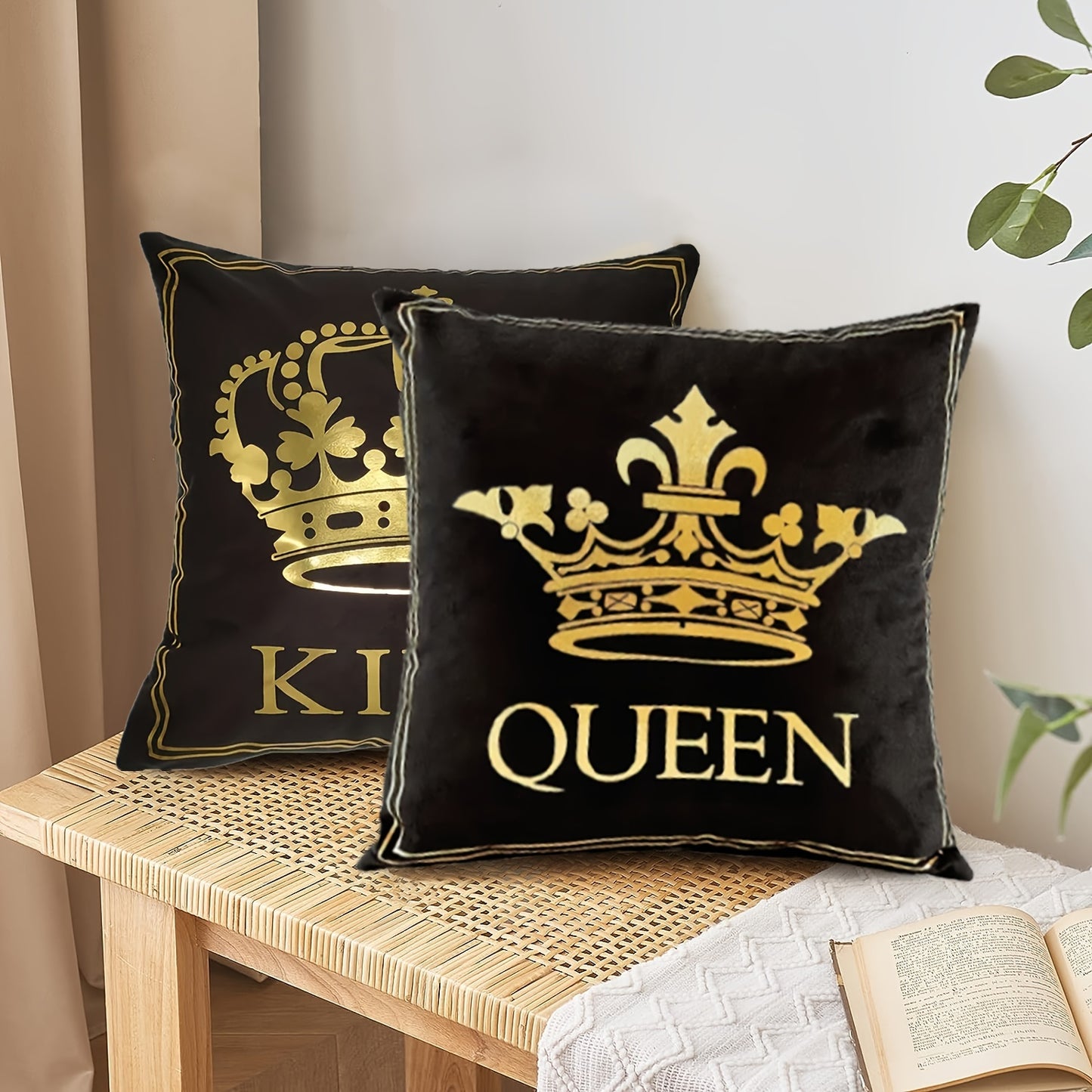 Pair of modern black throw pillow covers featuring golden stamping crown design, measuring 45.72*45.72cm. Perfect for adding a touch of farmhouse style to couch, sofa, or bedroom. Pillow inserts not included.