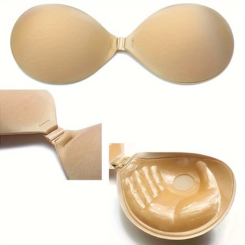 Plus size, strapless, self-adhesive push-up bra with front closure for backless comfort.