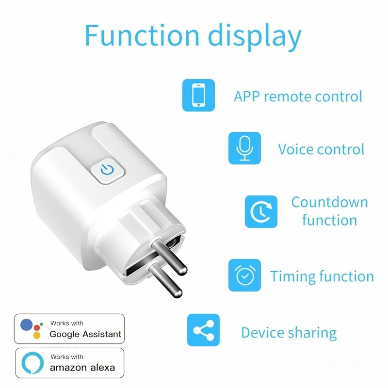 Tuya Smart Plug: 16A European WiFi socket with power meter, voice and app control; works with Google and Alexa.