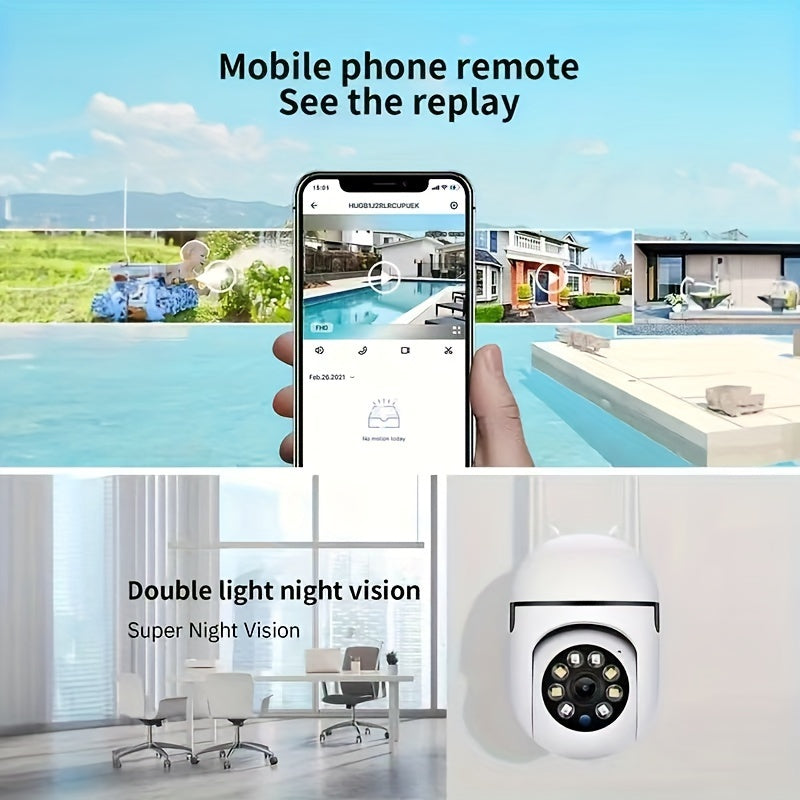 Wireless security camera with dual antenna, indoor wall mount, Android and app control, night vision, motion and audio alert, color display, USB powered, WiFi connectivity.