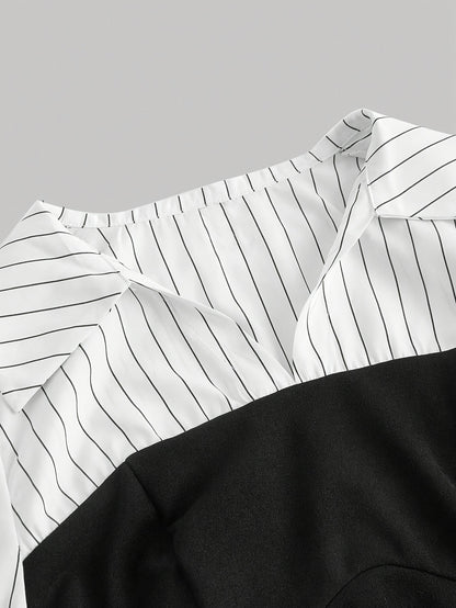 Striped polyester blouse with collar detail, machine washable, perfect for spring/fall.