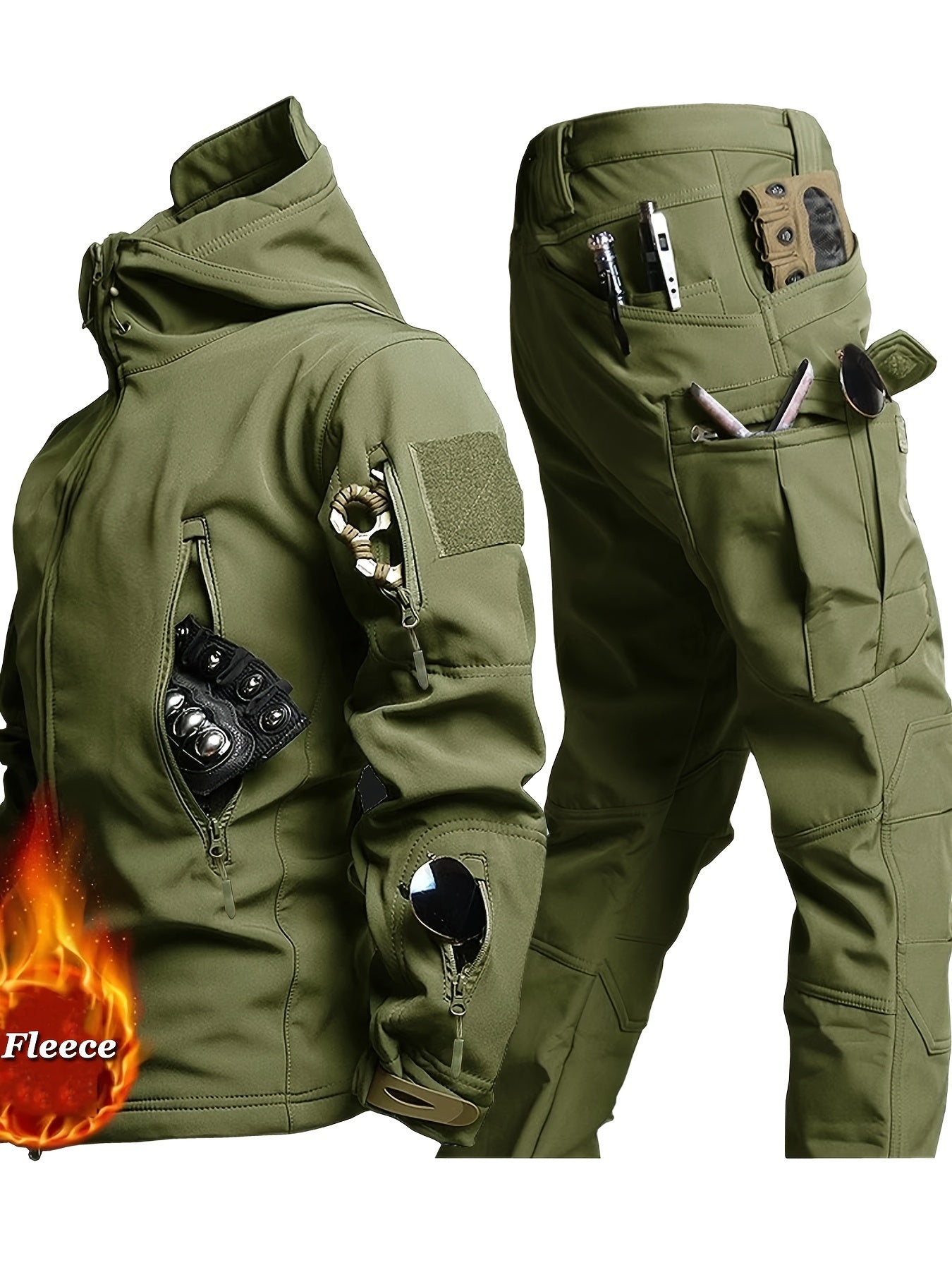 Men's tactical jacket and cargo pants set with fleece lining - perfect for outdoor activities in cold weather.