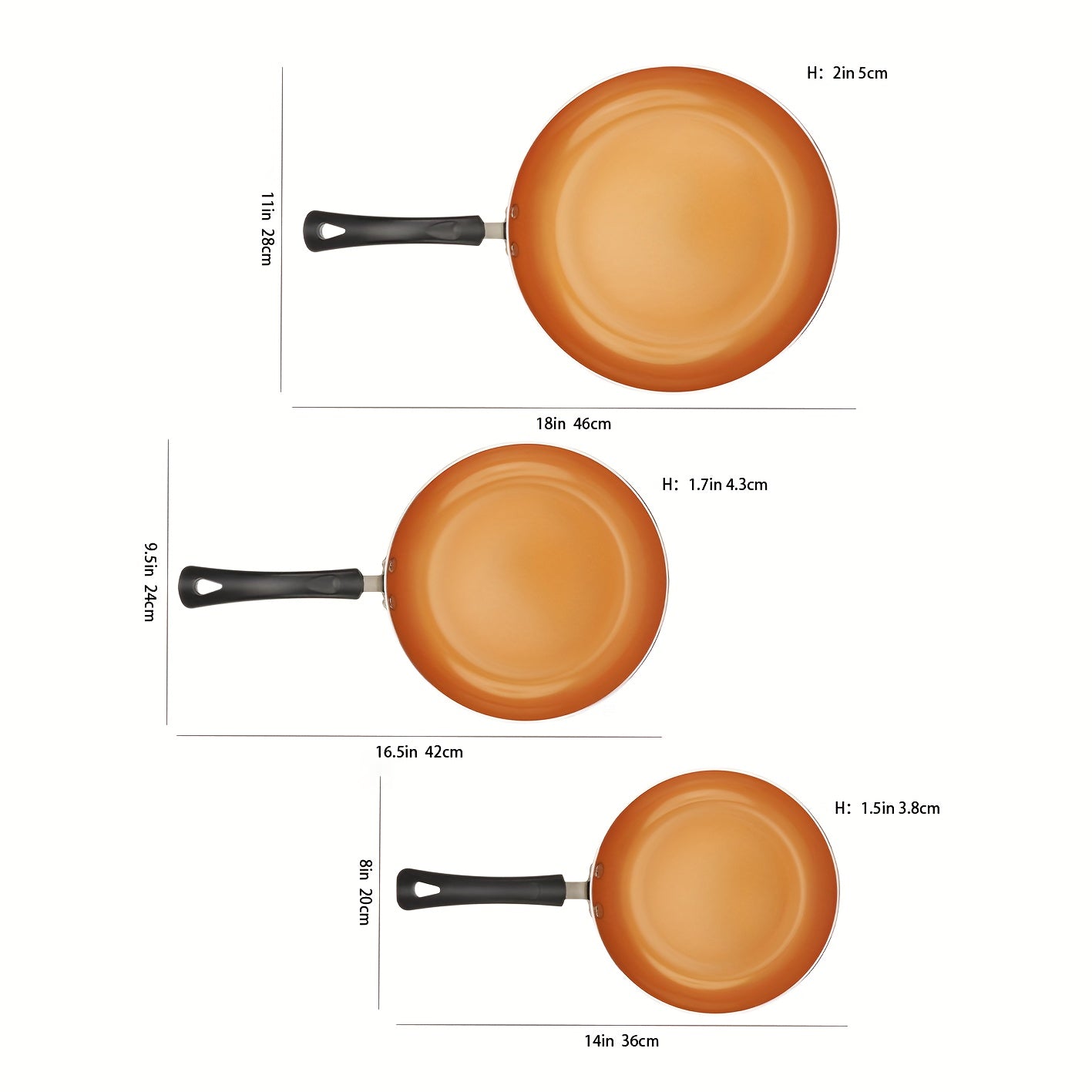 Set of 3 nonstick frying pans with golden ceramic coating, suitable for induction cooktops. Includes pans in sizes 20.32cm, 24.13cm, and 27.94cm for cooking omelettes and frying eggs. PFOA and PFAS free, ideal for kitchen cooking.