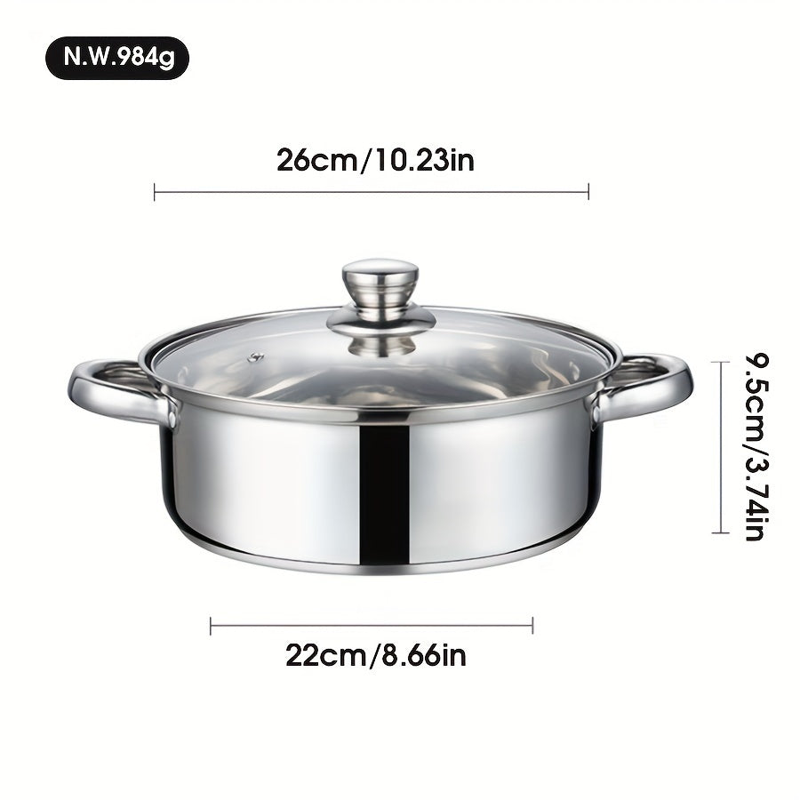 One-piece Stainless Steel Cooking Pot with Lid, featuring a 304 Dual Handle design for easy handling. Compatible with all stove types, this multipurpose hot pot offers a large capacity perfect for cooking soups, noodles, pasta, and seafood broth.