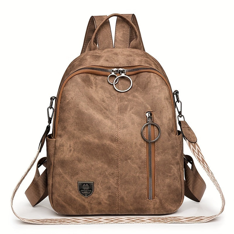 Women's faux leather backpack with adjustable straps, solid color, zipper closure, polyester lined, edge painted - occasion-ready.