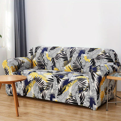 Modern printed sofa slipcover with elastic closure, made of 95% polyester and 5% spandex. Machine washable with active printing and stitched craftsmanship. Fits armchairs to sectional sofas, weighing 100-120gsm fabric.